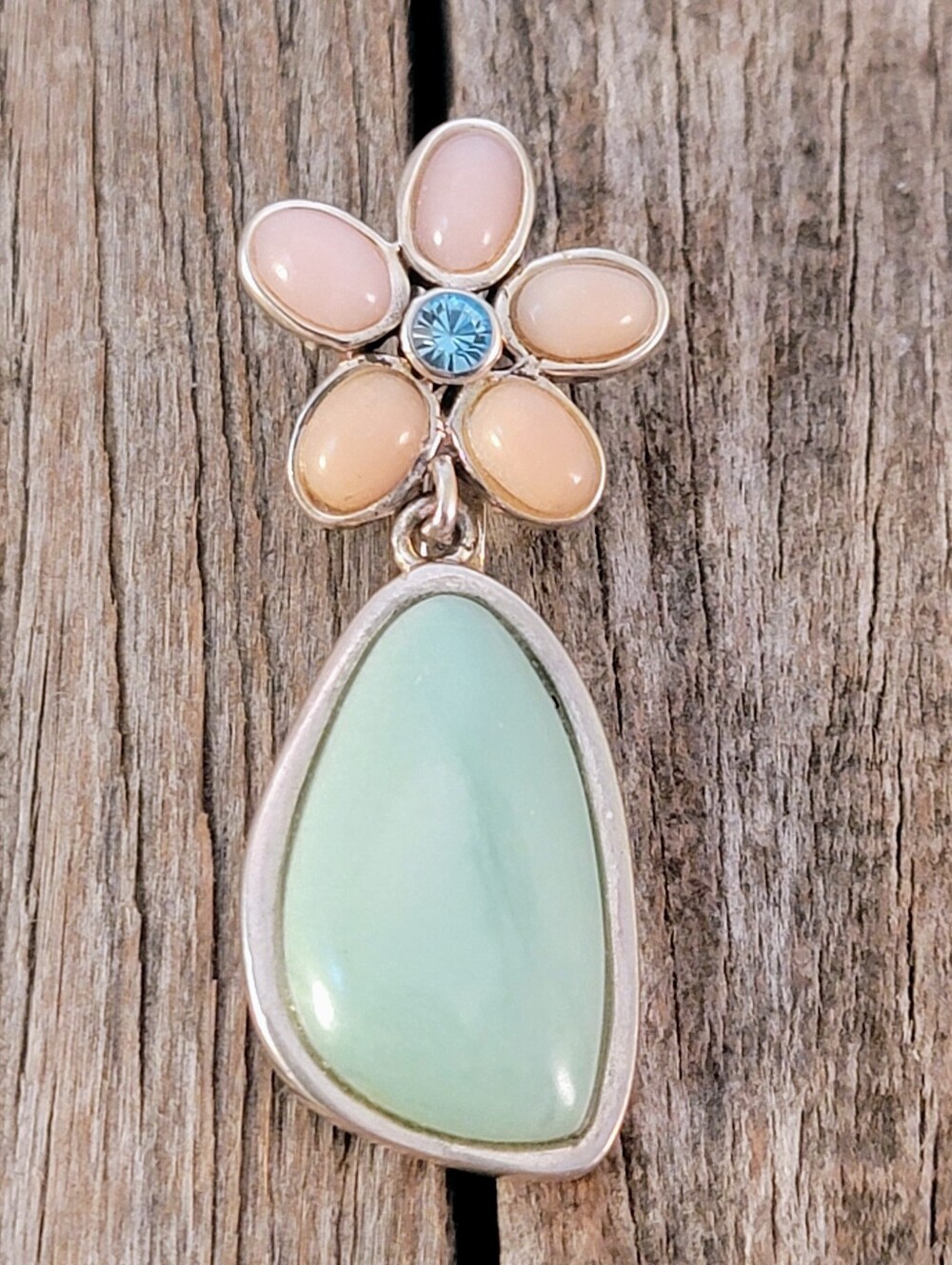 Barse Green Larimar Pink Chalcedony Flower Sterling Silver Pendant